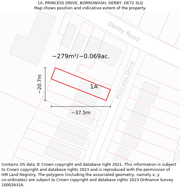 1A, PRINCESS DRIVE, BORROWASH, DERBY, DE72 3LQ: Plot and title map