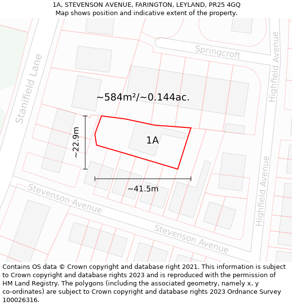 1A, STEVENSON AVENUE, FARINGTON, LEYLAND, PR25 4GQ: Plot and title map