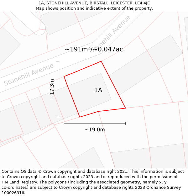 1A, STONEHILL AVENUE, BIRSTALL, LEICESTER, LE4 4JE: Plot and title map