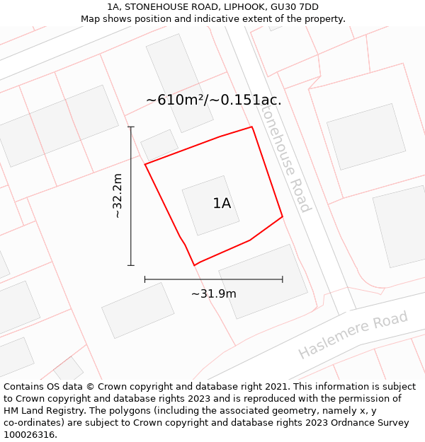 1A, STONEHOUSE ROAD, LIPHOOK, GU30 7DD: Plot and title map