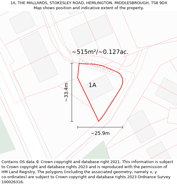 1A, THE MALLARDS, STOKESLEY ROAD, HEMLINGTON, MIDDLESBROUGH, TS8 9DX: Plot and title map