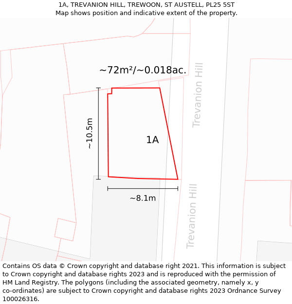 1A, TREVANION HILL, TREWOON, ST AUSTELL, PL25 5ST: Plot and title map