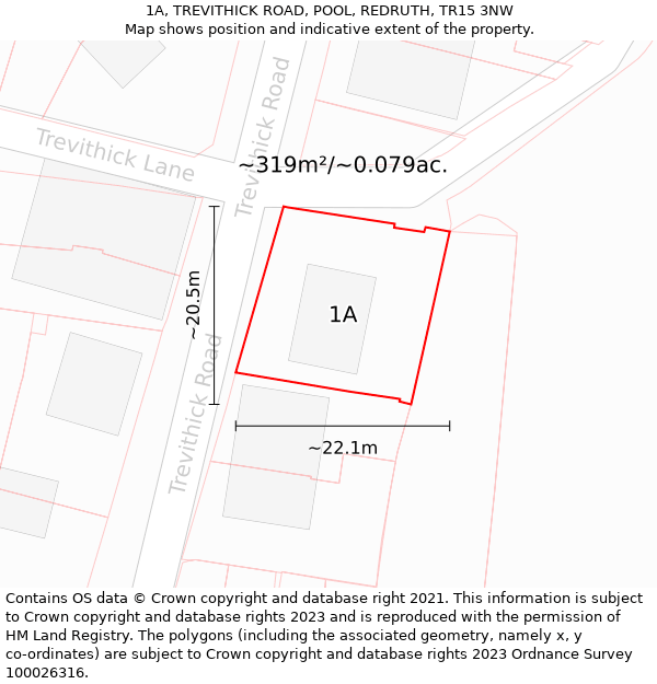 1A, TREVITHICK ROAD, POOL, REDRUTH, TR15 3NW: Plot and title map