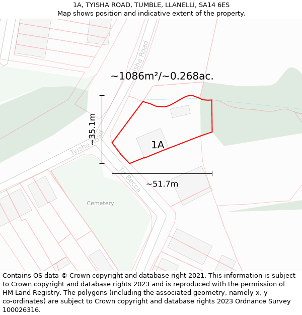 1A, TYISHA ROAD, TUMBLE, LLANELLI, SA14 6ES: Plot and title map