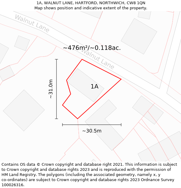 1A, WALNUT LANE, HARTFORD, NORTHWICH, CW8 1QN: Plot and title map