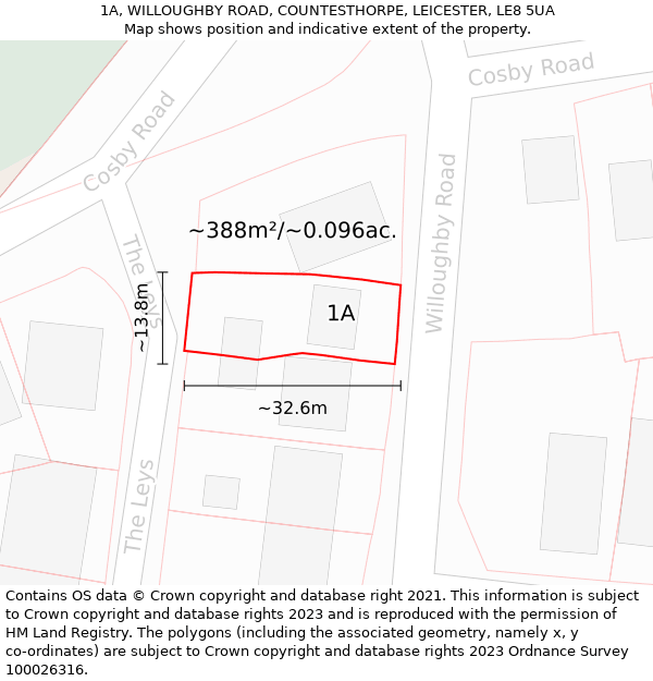 1A, WILLOUGHBY ROAD, COUNTESTHORPE, LEICESTER, LE8 5UA: Plot and title map