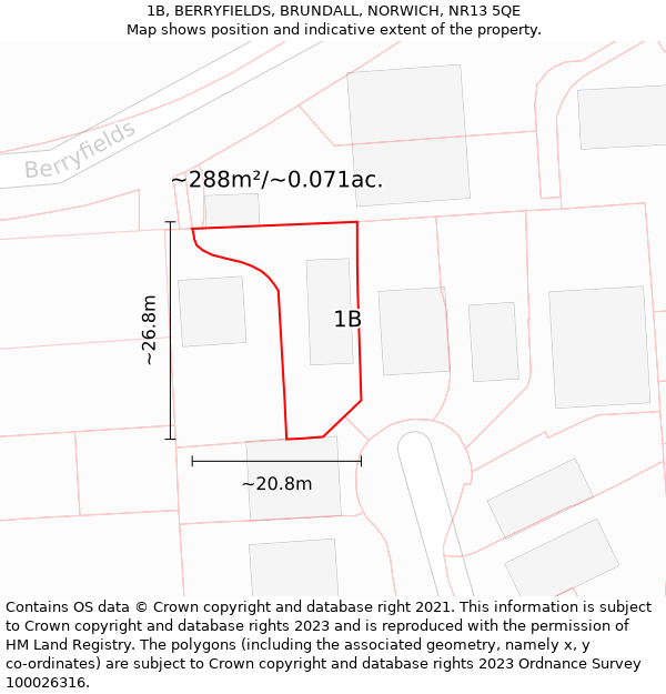 1B, BERRYFIELDS, BRUNDALL, NORWICH, NR13 5QE: Plot and title map