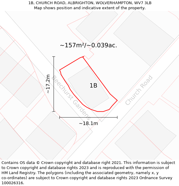 1B, CHURCH ROAD, ALBRIGHTON, WOLVERHAMPTON, WV7 3LB: Plot and title map