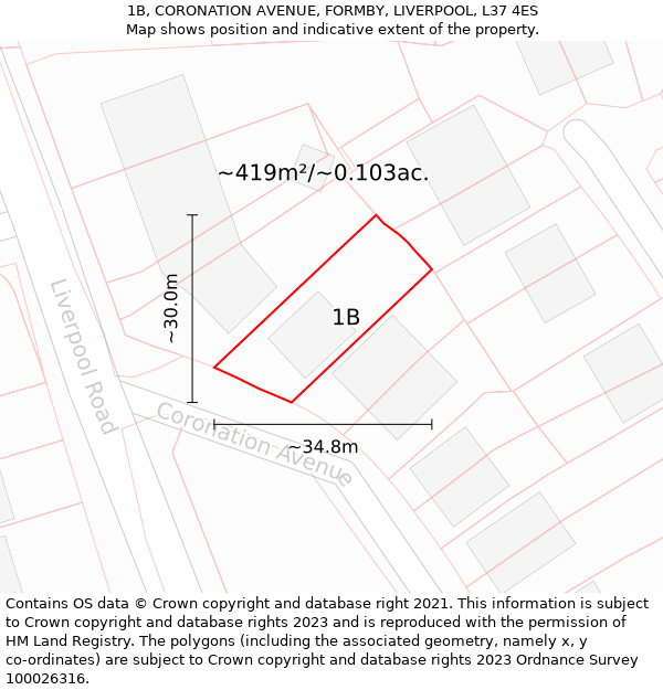 1B, CORONATION AVENUE, FORMBY, LIVERPOOL, L37 4ES: Plot and title map