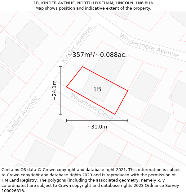 1B, KINDER AVENUE, NORTH HYKEHAM, LINCOLN, LN6 8HA: Plot and title map