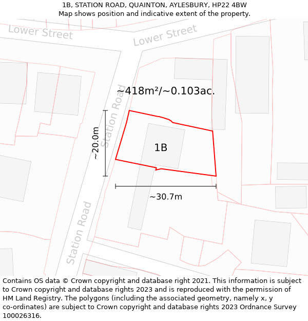 1B, STATION ROAD, QUAINTON, AYLESBURY, HP22 4BW: Plot and title map