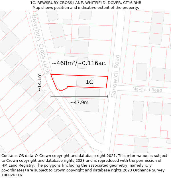 1C, BEWSBURY CROSS LANE, WHITFIELD, DOVER, CT16 3HB: Plot and title map