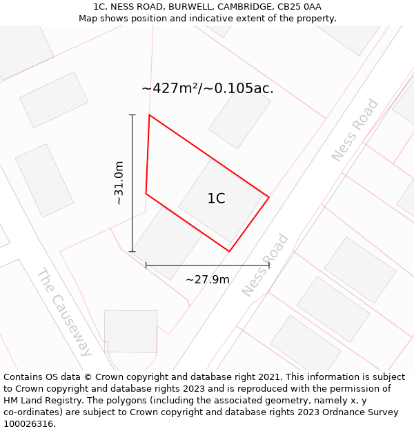 1C, NESS ROAD, BURWELL, CAMBRIDGE, CB25 0AA: Plot and title map