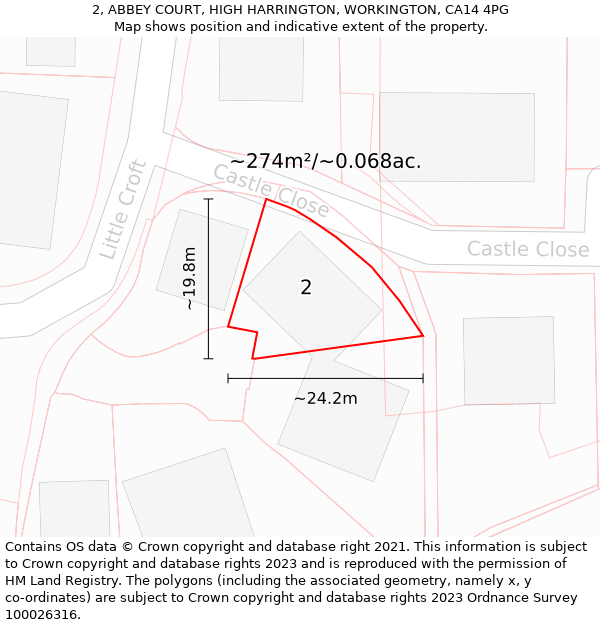 2, ABBEY COURT, HIGH HARRINGTON, WORKINGTON, CA14 4PG: Plot and title map