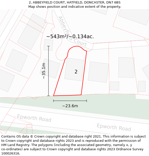 2, ABBEYFIELD COURT, HATFIELD, DONCASTER, DN7 6BS: Plot and title map