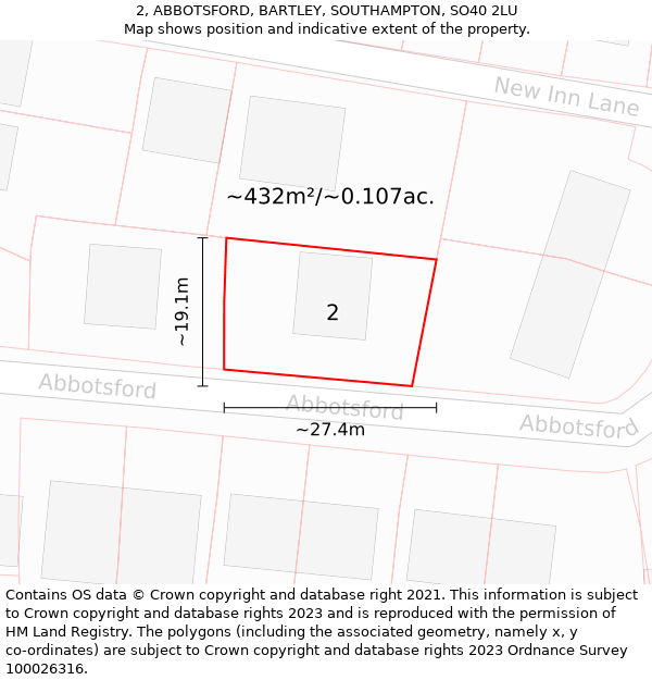 2, ABBOTSFORD, BARTLEY, SOUTHAMPTON, SO40 2LU: Plot and title map