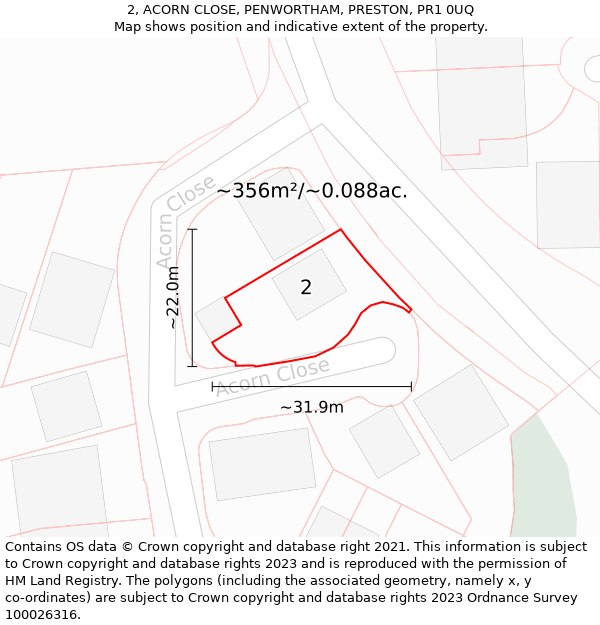 2, ACORN CLOSE, PENWORTHAM, PRESTON, PR1 0UQ: Plot and title map