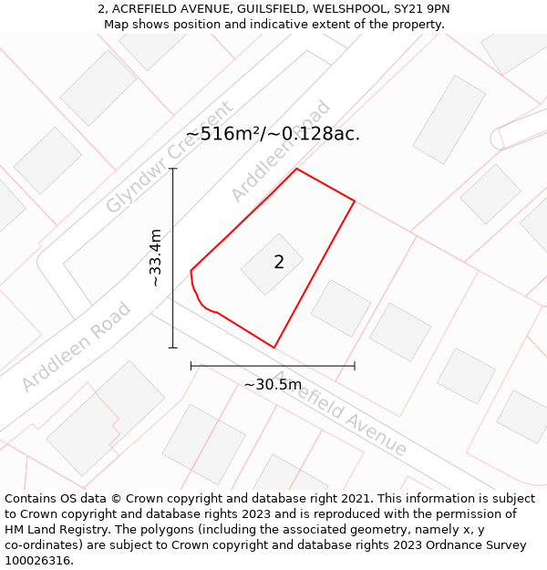 2, ACREFIELD AVENUE, GUILSFIELD, WELSHPOOL, SY21 9PN: Plot and title map