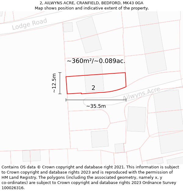 2, AILWYNS ACRE, CRANFIELD, BEDFORD, MK43 0GA: Plot and title map