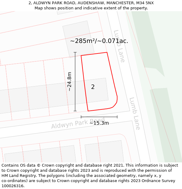 2, ALDWYN PARK ROAD, AUDENSHAW, MANCHESTER, M34 5NX: Plot and title map