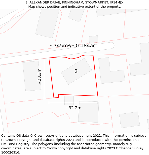 2, ALEXANDER DRIVE, FINNINGHAM, STOWMARKET, IP14 4JX: Plot and title map