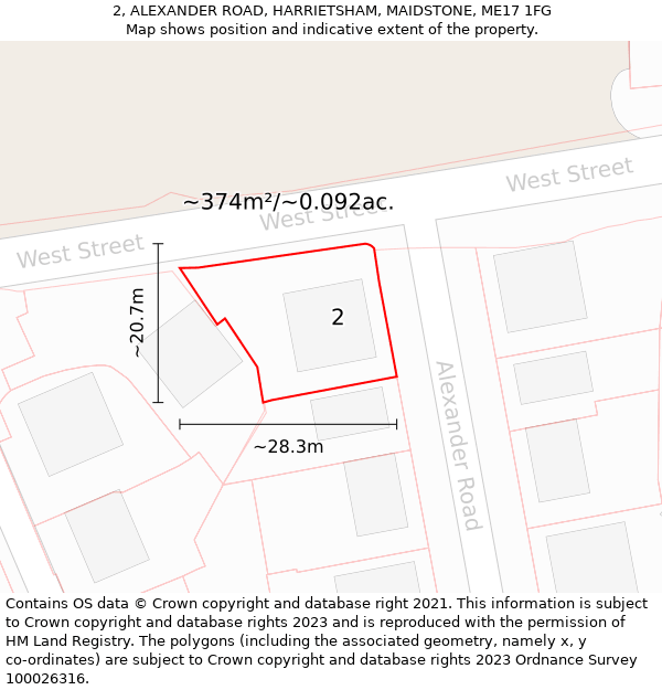 2, ALEXANDER ROAD, HARRIETSHAM, MAIDSTONE, ME17 1FG: Plot and title map