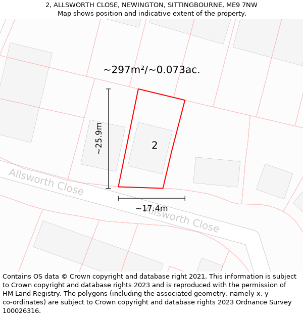 2, ALLSWORTH CLOSE, NEWINGTON, SITTINGBOURNE, ME9 7NW: Plot and title map