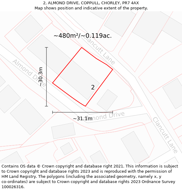 2, ALMOND DRIVE, COPPULL, CHORLEY, PR7 4AX: Plot and title map