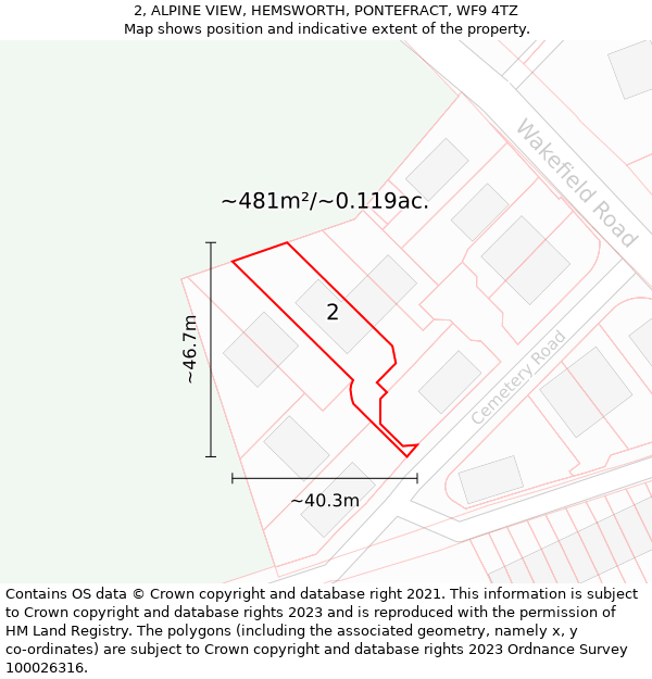 2, ALPINE VIEW, HEMSWORTH, PONTEFRACT, WF9 4TZ: Plot and title map