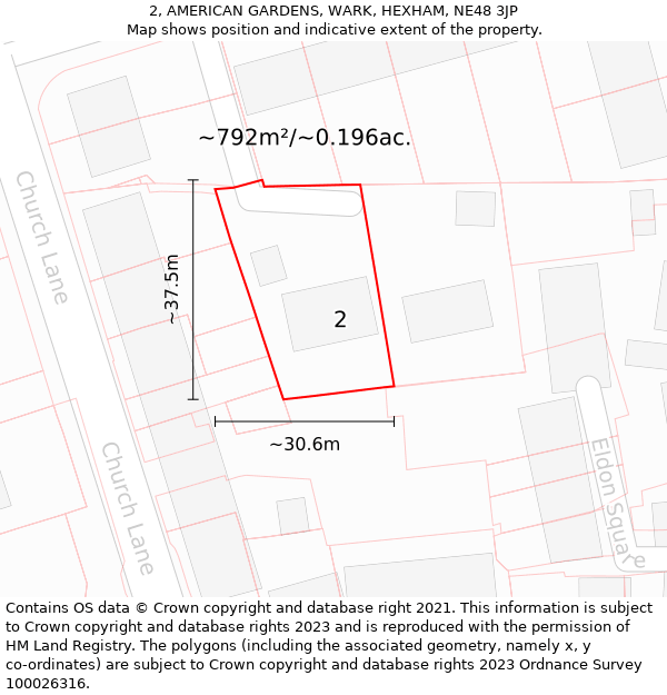 2, AMERICAN GARDENS, WARK, HEXHAM, NE48 3JP: Plot and title map