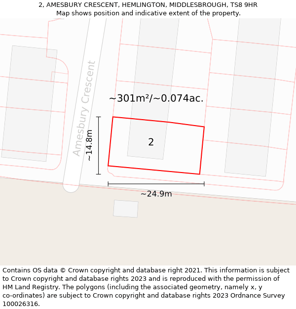 2, AMESBURY CRESCENT, HEMLINGTON, MIDDLESBROUGH, TS8 9HR: Plot and title map