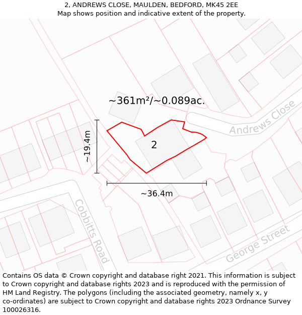 2, ANDREWS CLOSE, MAULDEN, BEDFORD, MK45 2EE: Plot and title map