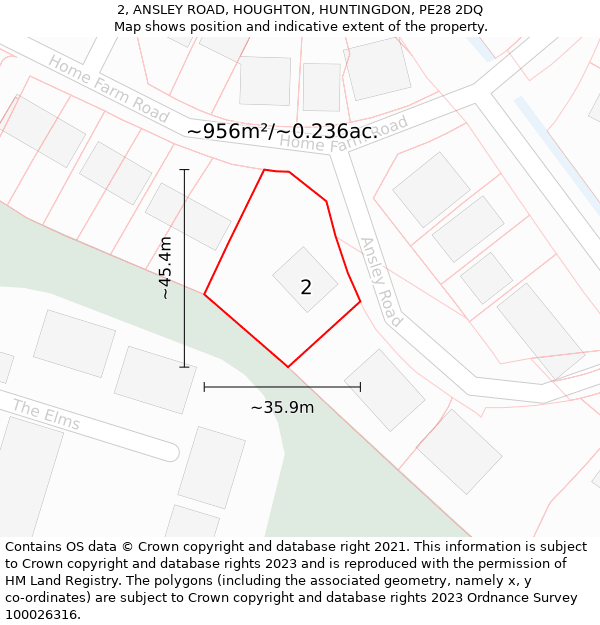 2, ANSLEY ROAD, HOUGHTON, HUNTINGDON, PE28 2DQ: Plot and title map