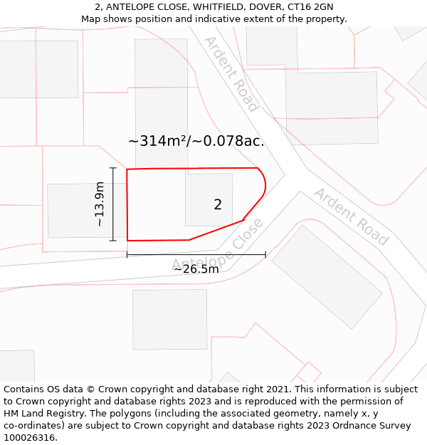 2, ANTELOPE CLOSE, WHITFIELD, DOVER, CT16 2GN: Plot and title map