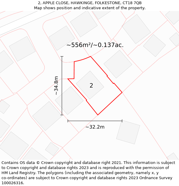 2, APPLE CLOSE, HAWKINGE, FOLKESTONE, CT18 7QB: Plot and title map