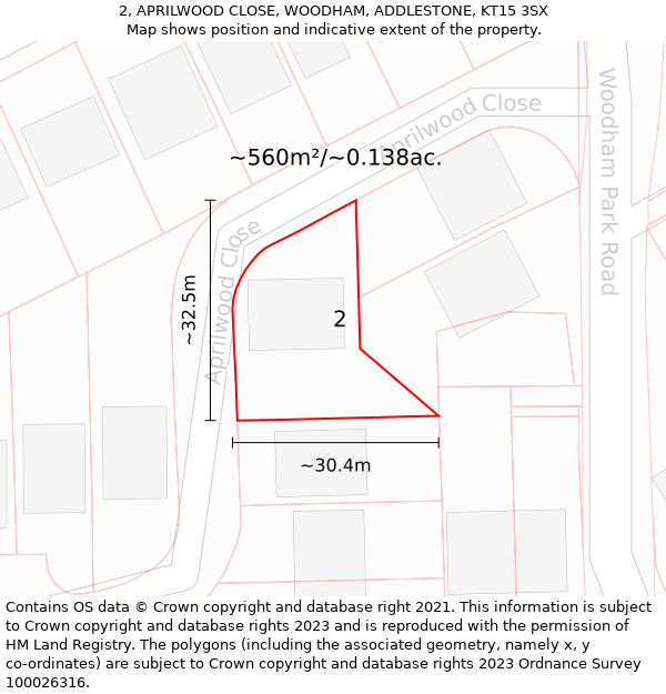 2, APRILWOOD CLOSE, WOODHAM, ADDLESTONE, KT15 3SX: Plot and title map