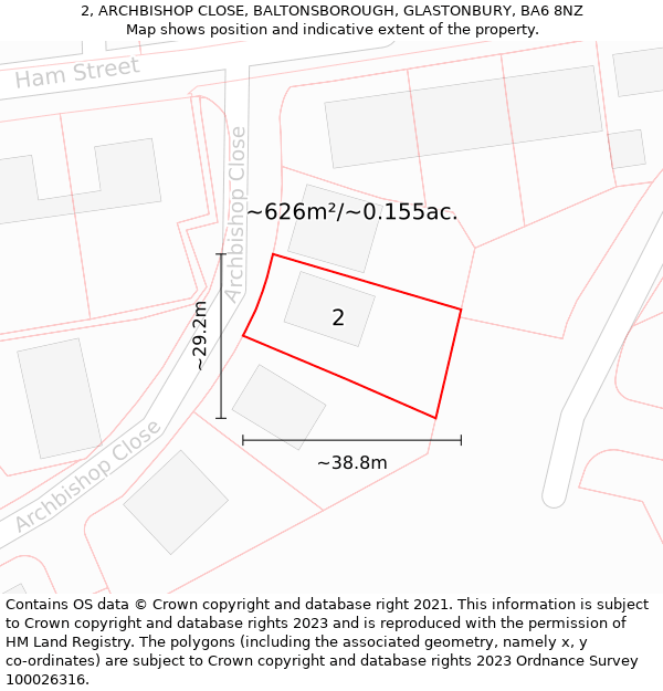 2, ARCHBISHOP CLOSE, BALTONSBOROUGH, GLASTONBURY, BA6 8NZ: Plot and title map