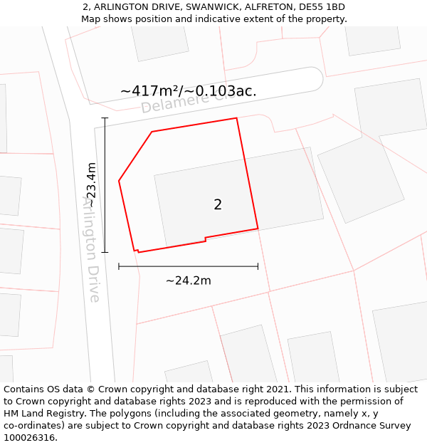 2, ARLINGTON DRIVE, SWANWICK, ALFRETON, DE55 1BD: Plot and title map