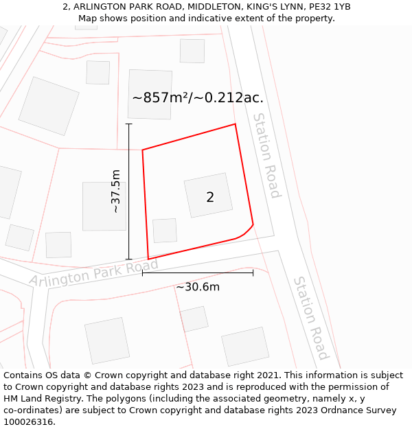 2, ARLINGTON PARK ROAD, MIDDLETON, KING'S LYNN, PE32 1YB: Plot and title map