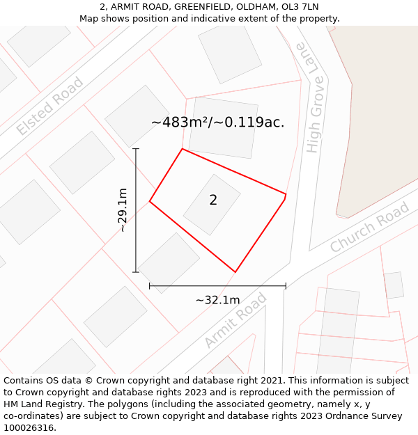 2, ARMIT ROAD, GREENFIELD, OLDHAM, OL3 7LN: Plot and title map