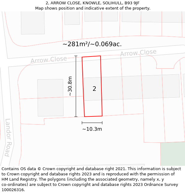 2, ARROW CLOSE, KNOWLE, SOLIHULL, B93 9JF: Plot and title map