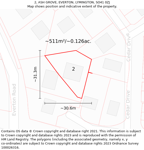 2, ASH GROVE, EVERTON, LYMINGTON, SO41 0ZJ: Plot and title map