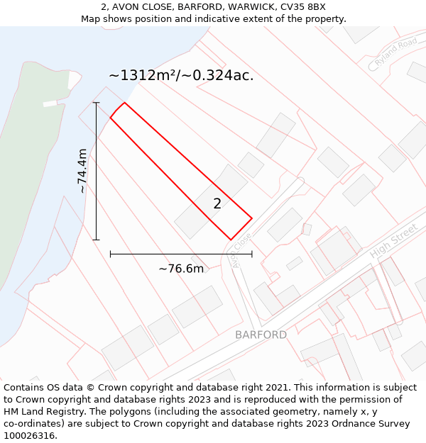 2, AVON CLOSE, BARFORD, WARWICK, CV35 8BX: Plot and title map