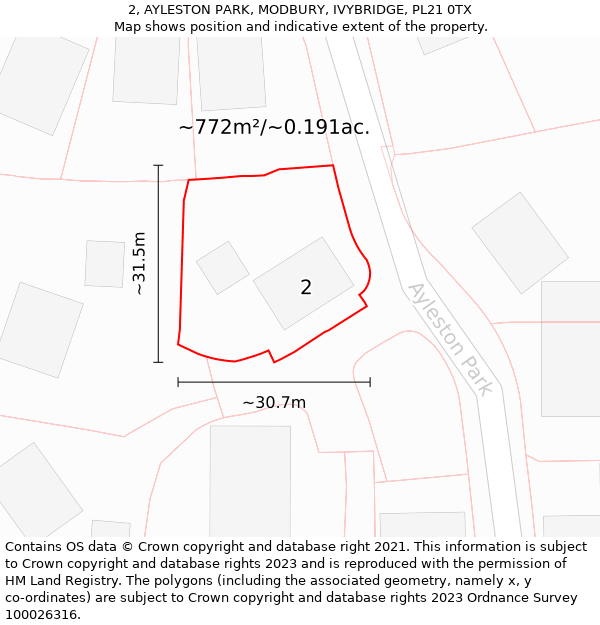 2, AYLESTON PARK, MODBURY, IVYBRIDGE, PL21 0TX: Plot and title map