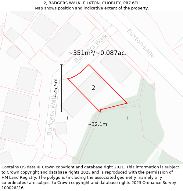 2, BADGERS WALK, EUXTON, CHORLEY, PR7 6FH: Plot and title map