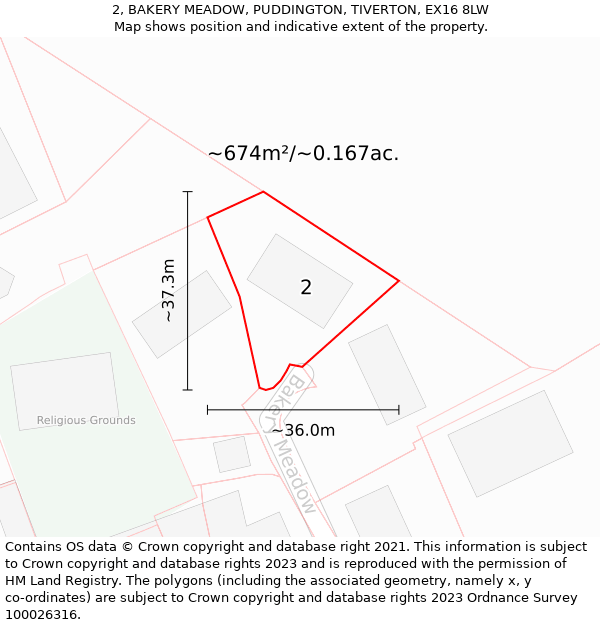 2, BAKERY MEADOW, PUDDINGTON, TIVERTON, EX16 8LW: Plot and title map