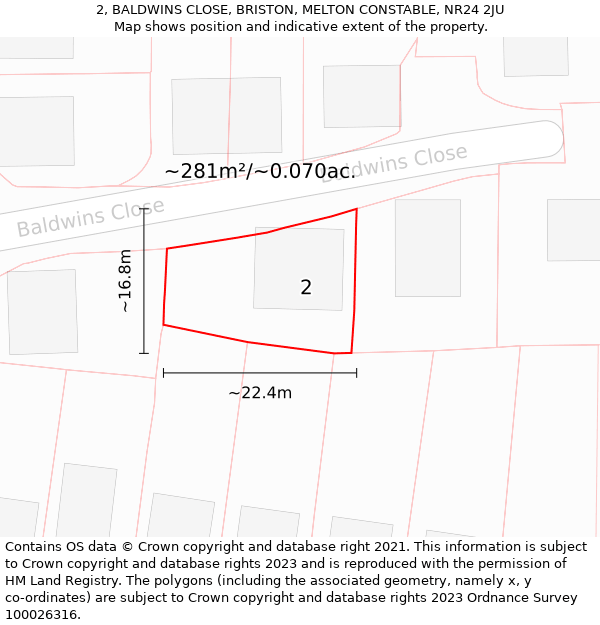 2, BALDWINS CLOSE, BRISTON, MELTON CONSTABLE, NR24 2JU: Plot and title map