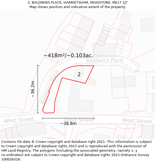 2, BALDWINS PLACE, HARRIETSHAM, MAIDSTONE, ME17 1JT: Plot and title map