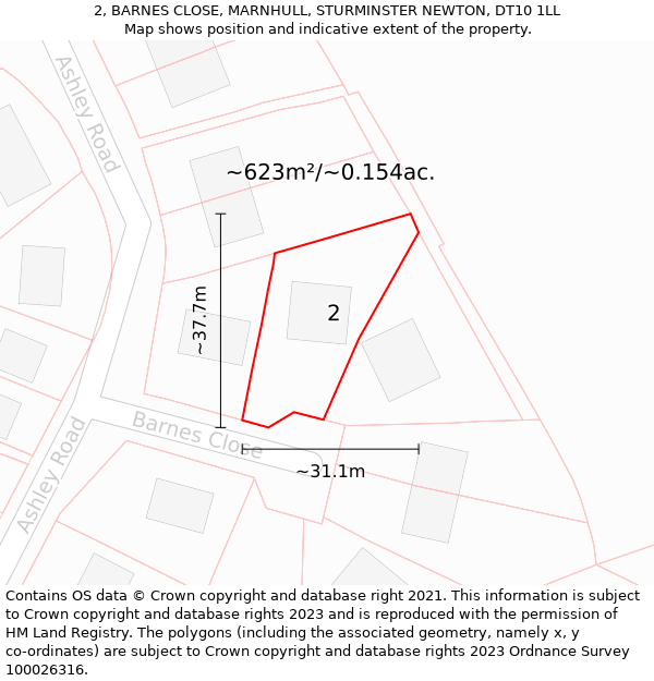 2, BARNES CLOSE, MARNHULL, STURMINSTER NEWTON, DT10 1LL: Plot and title map