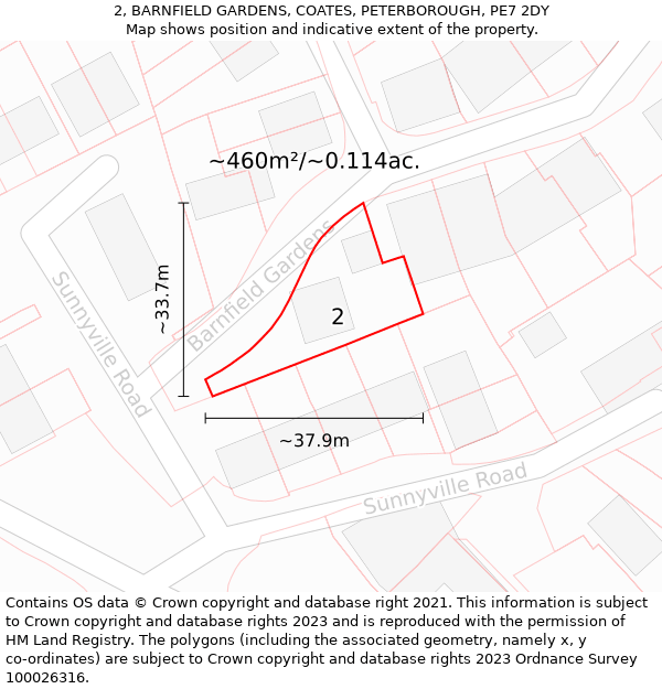 2, BARNFIELD GARDENS, COATES, PETERBOROUGH, PE7 2DY: Plot and title map